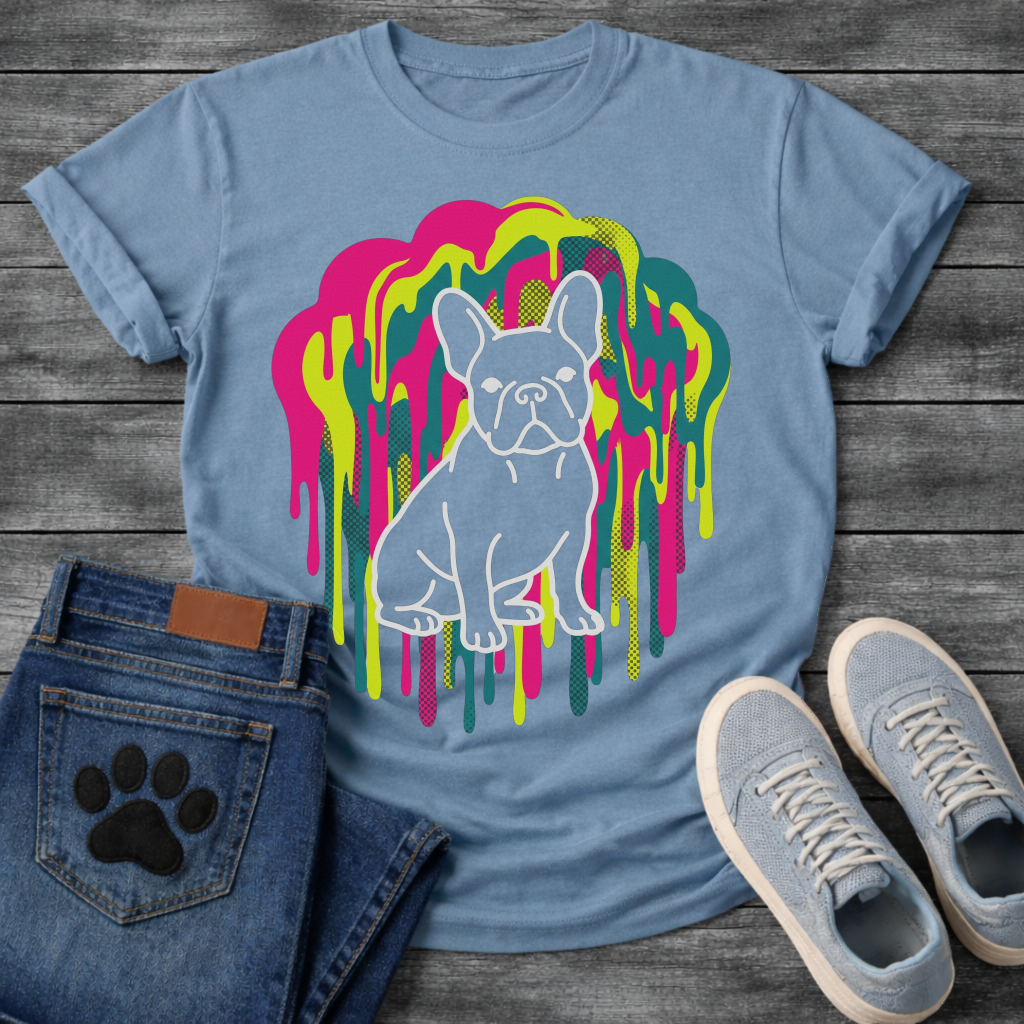 French Bulldog t-shirt with white outline full body Frenchie sitting centered in a neon blob drip explosion, hot pink electric yellow and teal halftone color clouds with long paint drips running below, no text multi-color pop art graphic
