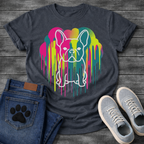 French Bulldog t-shirt with white outline Frenchie portrait centered in a neon pop art explosion, halftone heart cloud behind in hot pink teal and electric yellow, long paint drips running below, no text high impact multi-color graphic