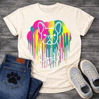 French Bulldog t-shirt with white outline Frenchie portrait centered in a neon pop art explosion, halftone heart cloud behind in hot pink teal and electric yellow, long paint drips running below, no text high impact multi-color graphic