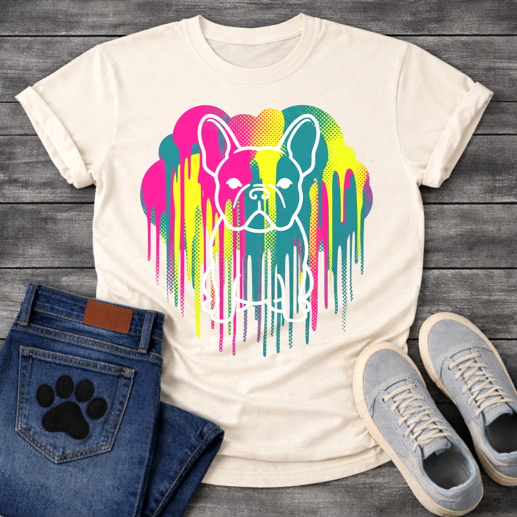 French Bulldog t-shirt with white outline Frenchie portrait centered in a neon pop art explosion, halftone heart cloud behind in hot pink teal and electric yellow, long paint drips running below, no text high impact multi-color graphic
