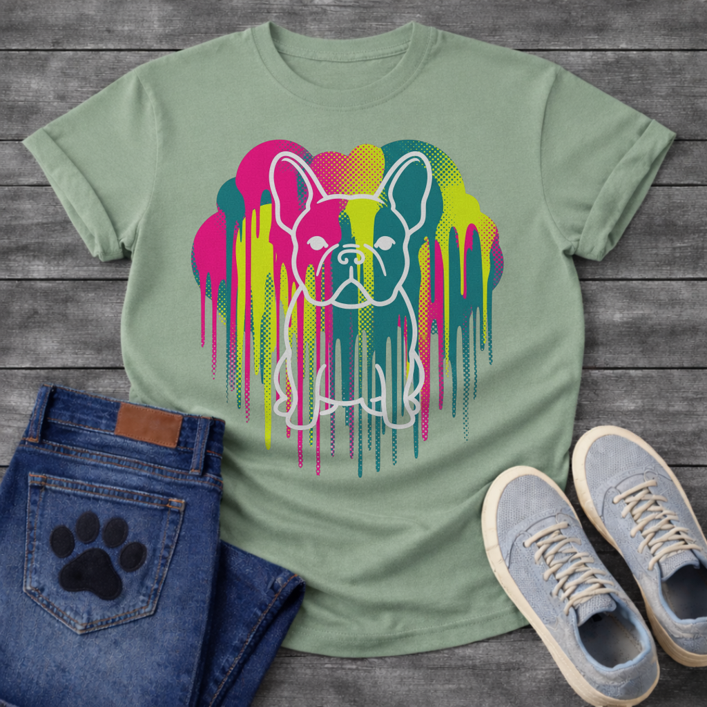 French Bulldog t-shirt with white outline Frenchie portrait centered in a neon pop art explosion, halftone heart cloud behind in hot pink teal and electric yellow, long paint drips running below, no text high impact multi-color graphic