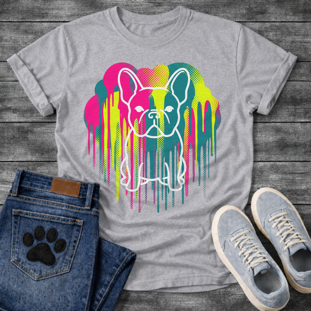 French Bulldog t-shirt with white outline Frenchie portrait centered in a neon pop art explosion, halftone heart cloud behind in hot pink teal and electric yellow, long paint drips running below, no text high impact multi-color graphic