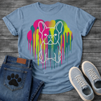 French Bulldog t-shirt with white outline Frenchie portrait centered in a neon pop art explosion, halftone heart cloud behind in hot pink teal and electric yellow, long paint drips running below, no text high impact multi-color graphic
