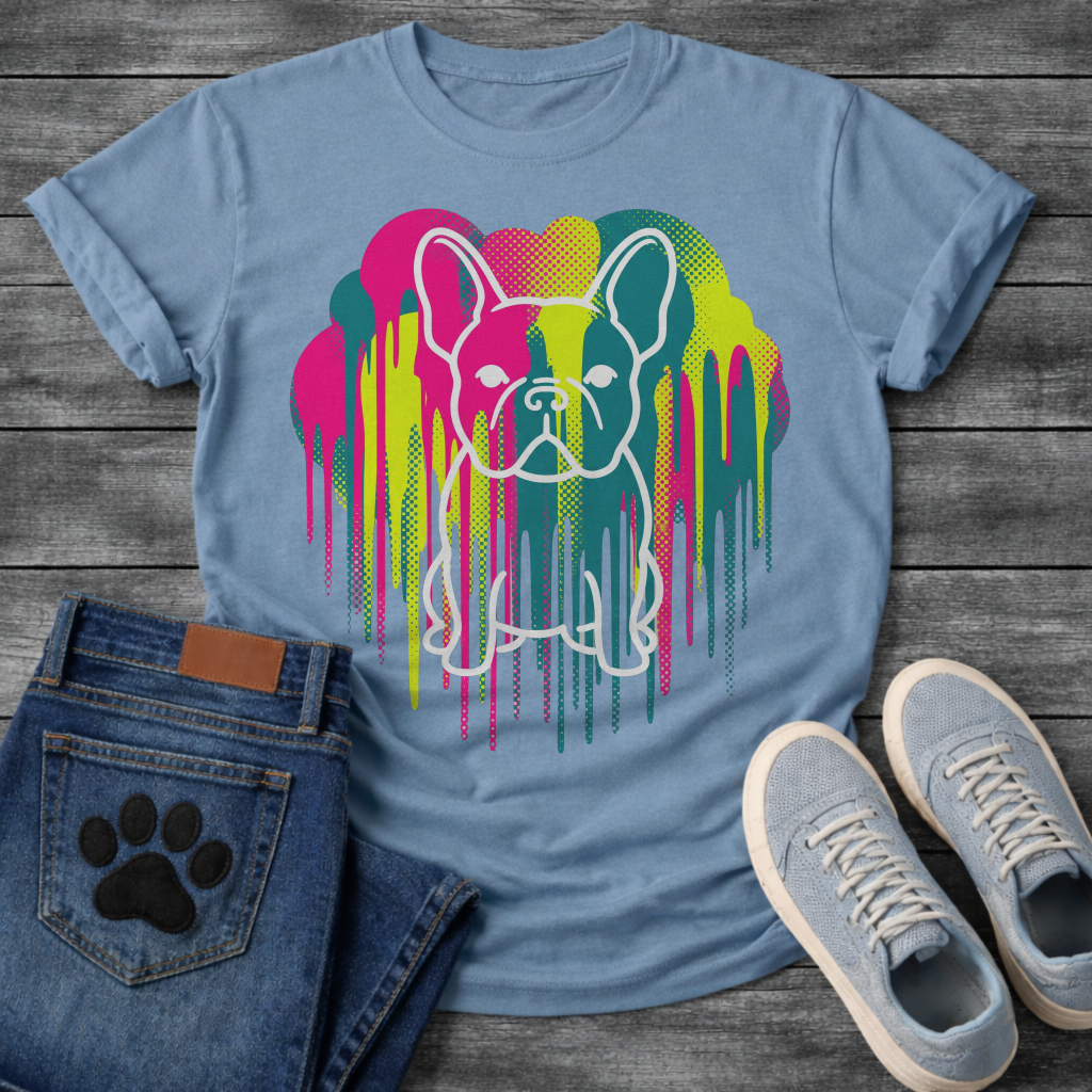French Bulldog t-shirt with white outline Frenchie portrait centered in a neon pop art explosion, halftone heart cloud behind in hot pink teal and electric yellow, long paint drips running below, no text high impact multi-color graphic