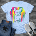 French Bulldog t-shirt with clean line art Frenchie portrait centered in a neon pop art explosion, halftone heart cloud behind in hot pink teal and electric yellow, long paint drips running below, no text high impact multi-color graphic
