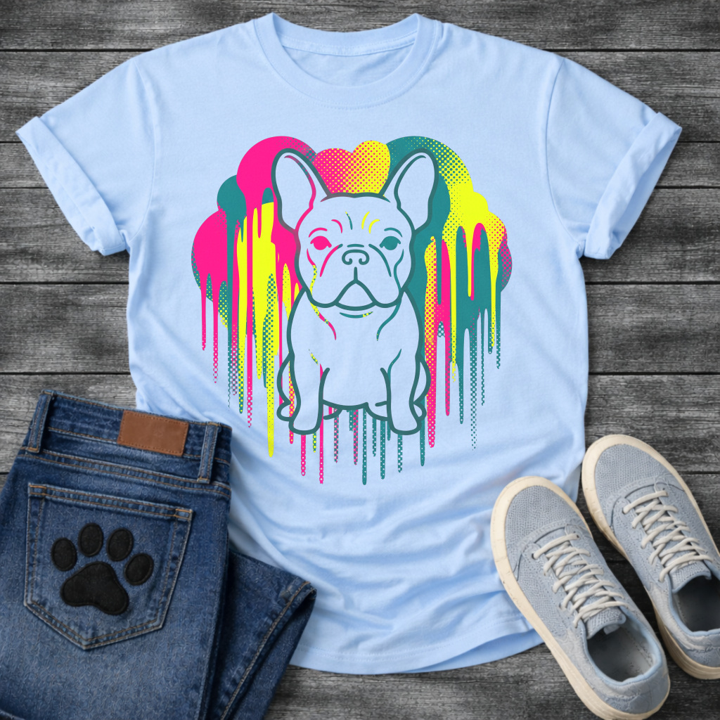 French Bulldog t-shirt with clean line art Frenchie portrait centered in a neon pop art explosion, halftone heart cloud behind in hot pink teal and electric yellow, long paint drips running below, no text high impact multi-color graphic
