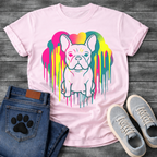 French Bulldog t-shirt with clean line art Frenchie portrait centered in a neon pop art explosion, halftone heart cloud behind in hot pink teal and electric yellow, long paint drips running below, no text high impact multi-color graphic
