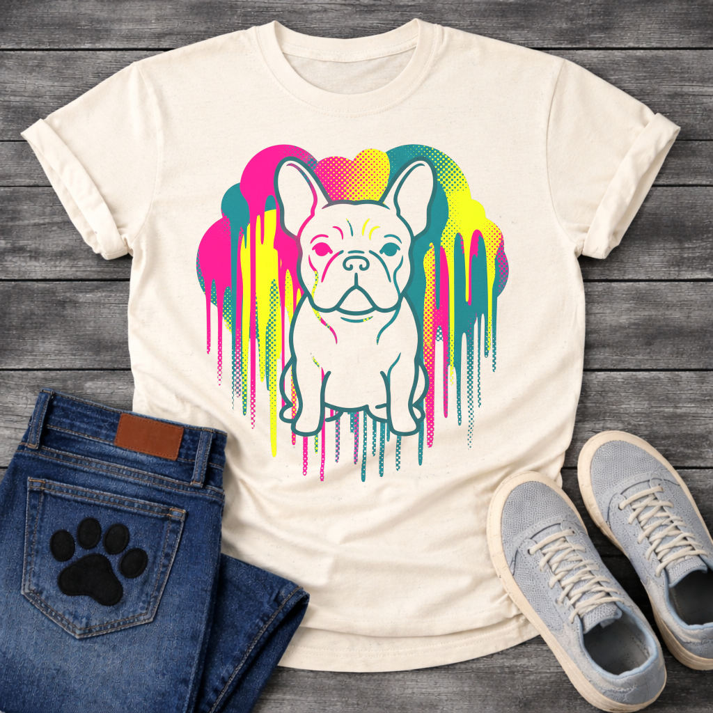 French Bulldog t-shirt with clean line art Frenchie portrait centered in a neon pop art explosion, halftone heart cloud behind in hot pink teal and electric yellow, long paint drips running below, no text high impact multi-color graphic
