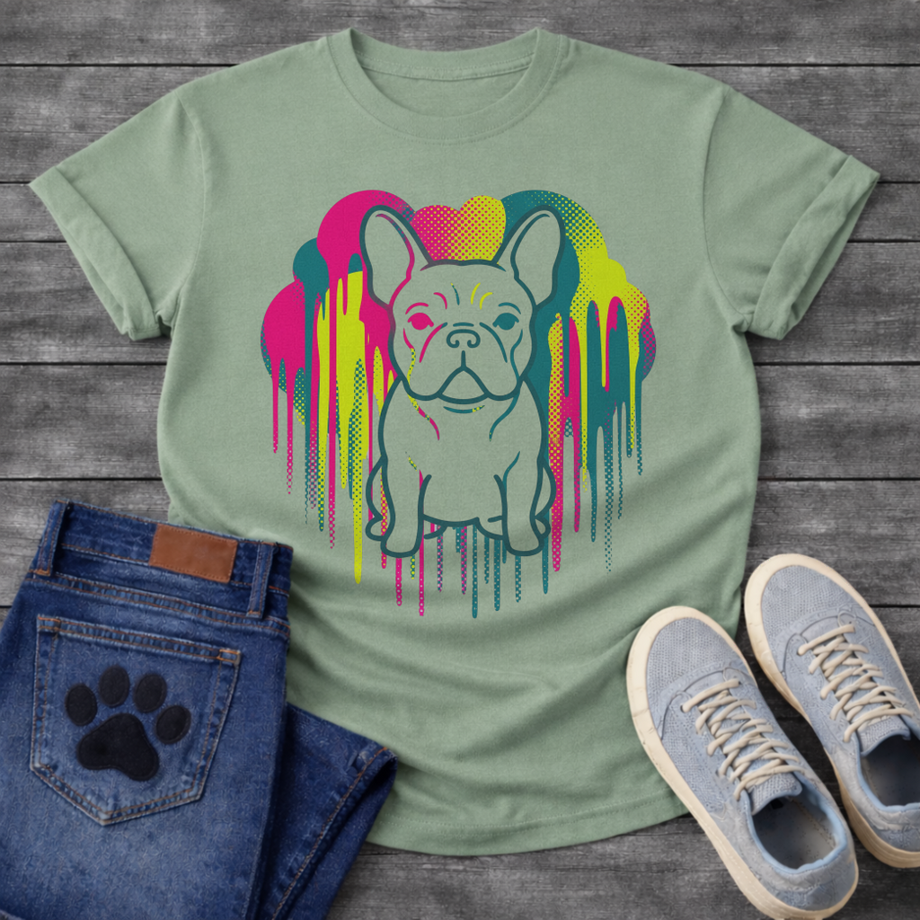 French Bulldog t-shirt with clean line art Frenchie portrait centered in a neon pop art explosion, halftone heart cloud behind in hot pink teal and electric yellow, long paint drips running below, no text high impact multi-color graphic

