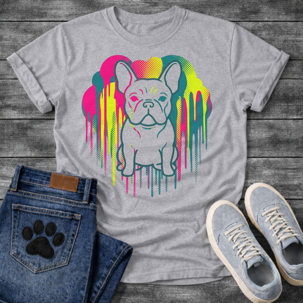 French Bulldog t-shirt with clean line art Frenchie portrait centered in a neon pop art explosion, halftone heart cloud behind in hot pink teal and electric yellow, long paint drips running below, no text high impact multi-color graphic
