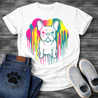 French Bulldog t-shirt with clean line art Frenchie portrait centered in a neon pop art explosion, halftone heart cloud behind in hot pink teal and electric yellow, long paint drips running below, no text high impact multi-color graphic
