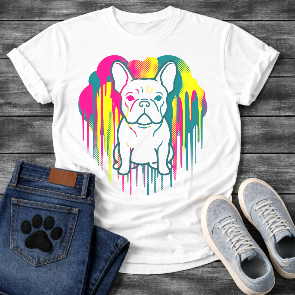 French Bulldog t-shirt with clean line art Frenchie portrait centered in a neon pop art explosion, halftone heart cloud behind in hot pink teal and electric yellow, long paint drips running below, no text high impact multi-color graphic
