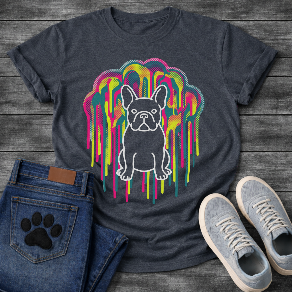 French Bulldog t-shirt with white outline full body Frenchie standing centered in a massive neon blob drip explosion, hot pink electric yellow and teal halftone color clouds with long drips cascading the full chest, no text multi-color pop art graphic