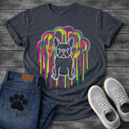 French Bulldog t-shirt with white outline full body Frenchie standing centered in a massive neon blob drip explosion, hot pink electric yellow and teal halftone color clouds with long drips cascading the full chest, no text multi-color pop art graphic