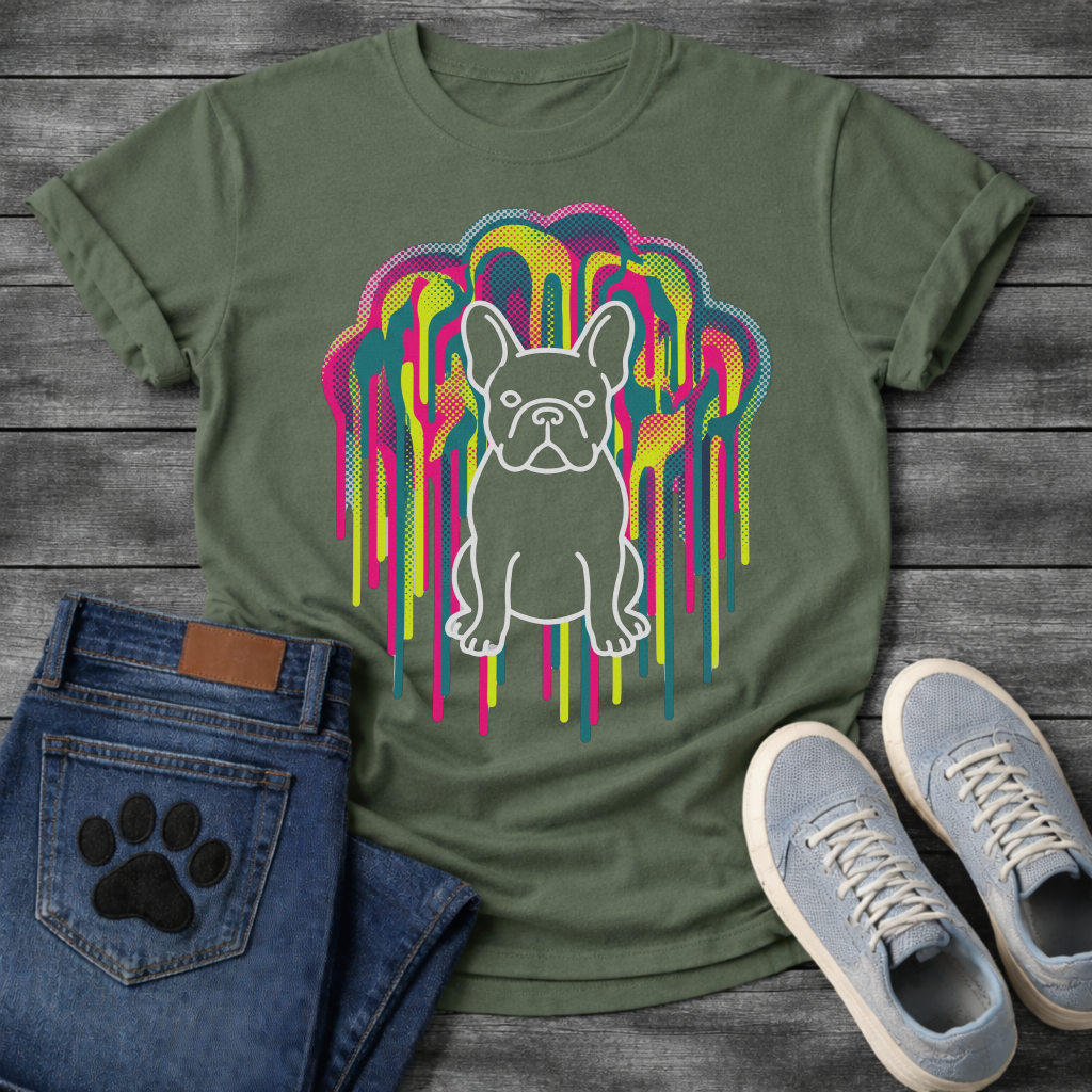 French Bulldog t-shirt with white outline full body Frenchie standing centered in a massive neon blob drip explosion, hot pink electric yellow and teal halftone color clouds with long drips cascading the full chest, no text multi-color pop art graphic