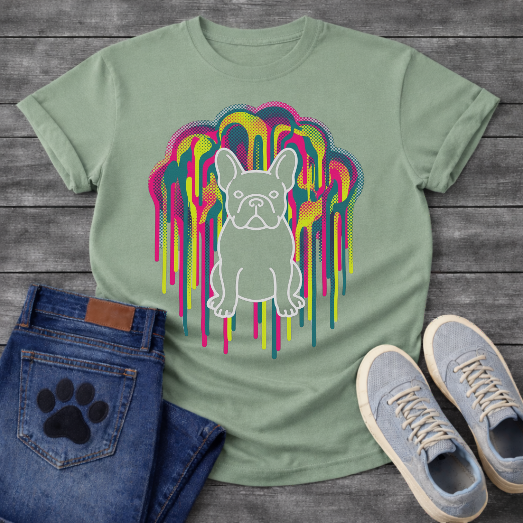 French Bulldog t-shirt with white outline full body Frenchie standing centered in a massive neon blob drip explosion, hot pink electric yellow and teal halftone color clouds with long drips cascading the full chest, no text multi-color pop art graphic