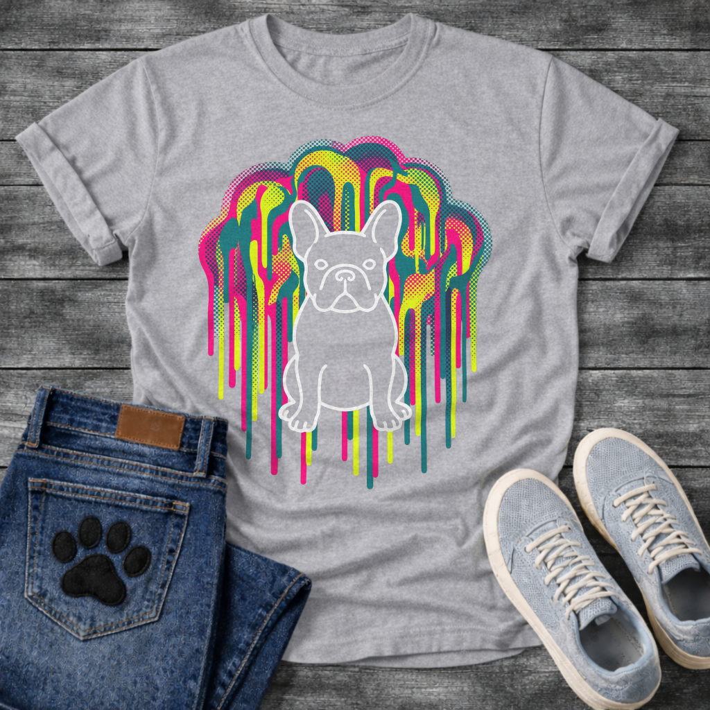 French Bulldog t-shirt with white outline full body Frenchie standing centered in a massive neon blob drip explosion, hot pink electric yellow and teal halftone color clouds with long drips cascading the full chest, no text multi-color pop art graphic