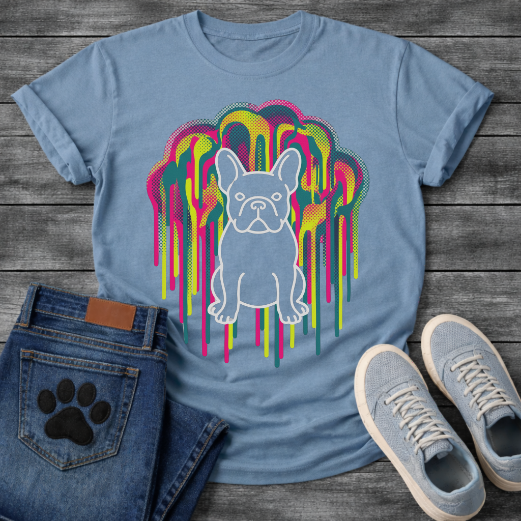 French Bulldog t-shirt with white outline full body Frenchie standing centered in a massive neon blob drip explosion, hot pink electric yellow and teal halftone color clouds with long drips cascading the full chest, no text multi-color pop art graphic