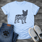 Frenchie double exposure night sky forest cabin silhouette t-shirt sage pet lover apparel
