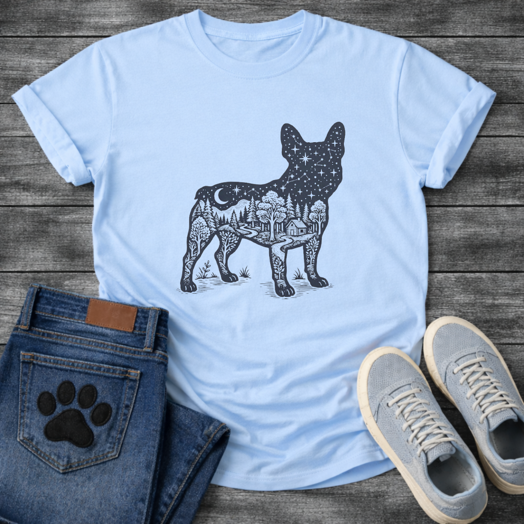 Frenchie double exposure night sky forest cabin silhouette t-shirt sage pet lover apparel

