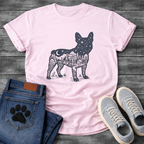 Frenchie double exposure night sky forest cabin silhouette t-shirt sage pet lover apparel
