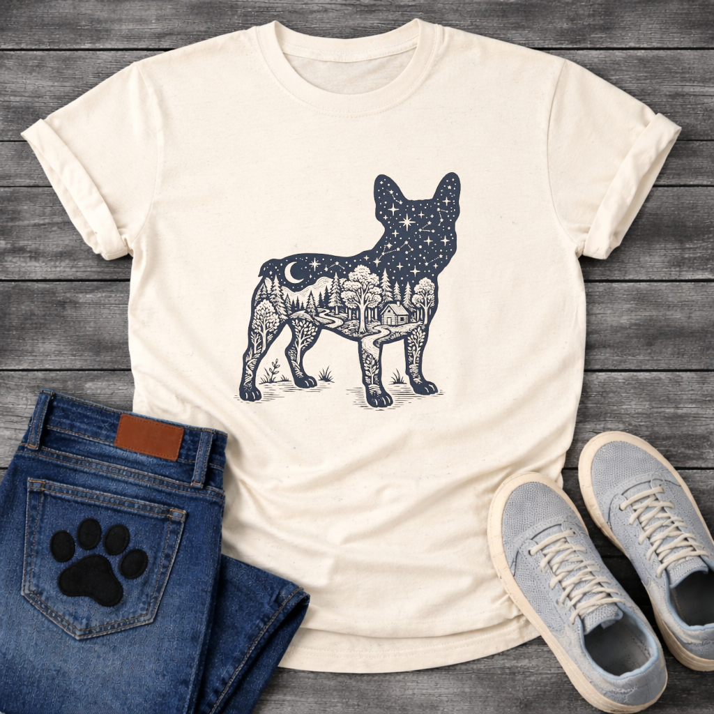 Frenchie double exposure night sky forest cabin silhouette t-shirt sage pet lover apparel
