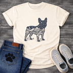 Frenchie double exposure night sky forest cabin silhouette t-shirt sage pet lover apparel
