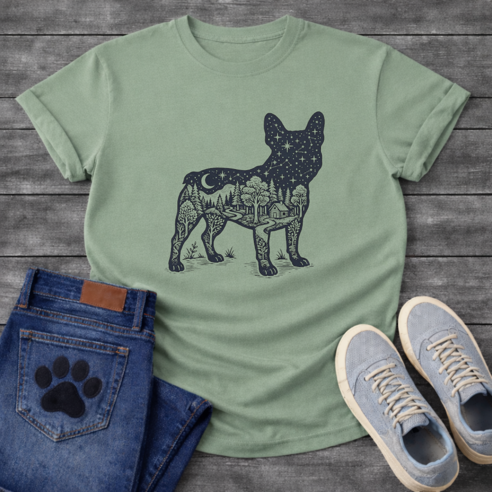 Frenchie double exposure night sky forest cabin silhouette t-shirt sage pet lover apparel
