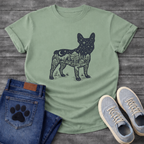 Frenchie double exposure night sky forest cabin silhouette t-shirt sage pet lover apparel

