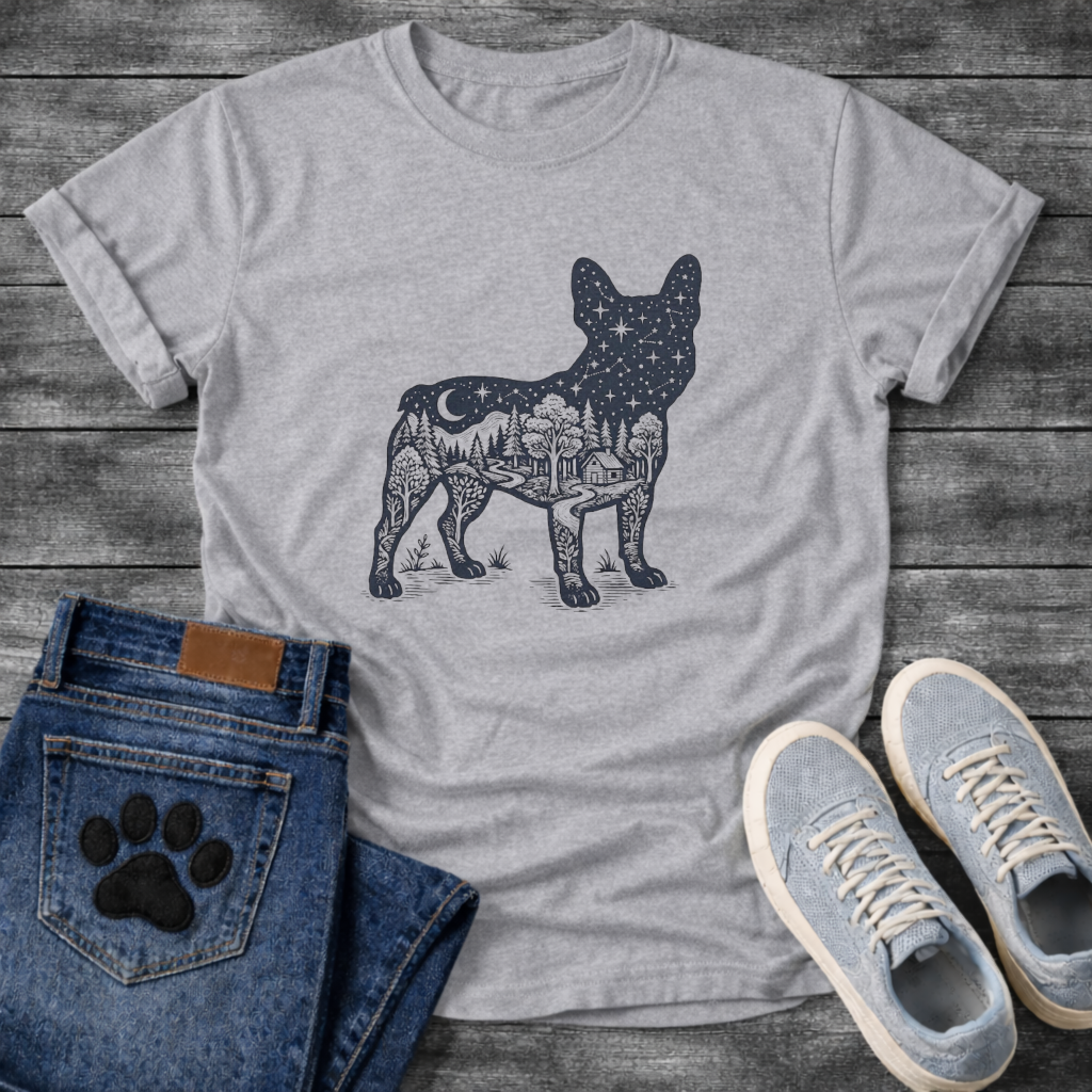 Frenchie double exposure night sky forest cabin silhouette t-shirt sage pet lover apparel
