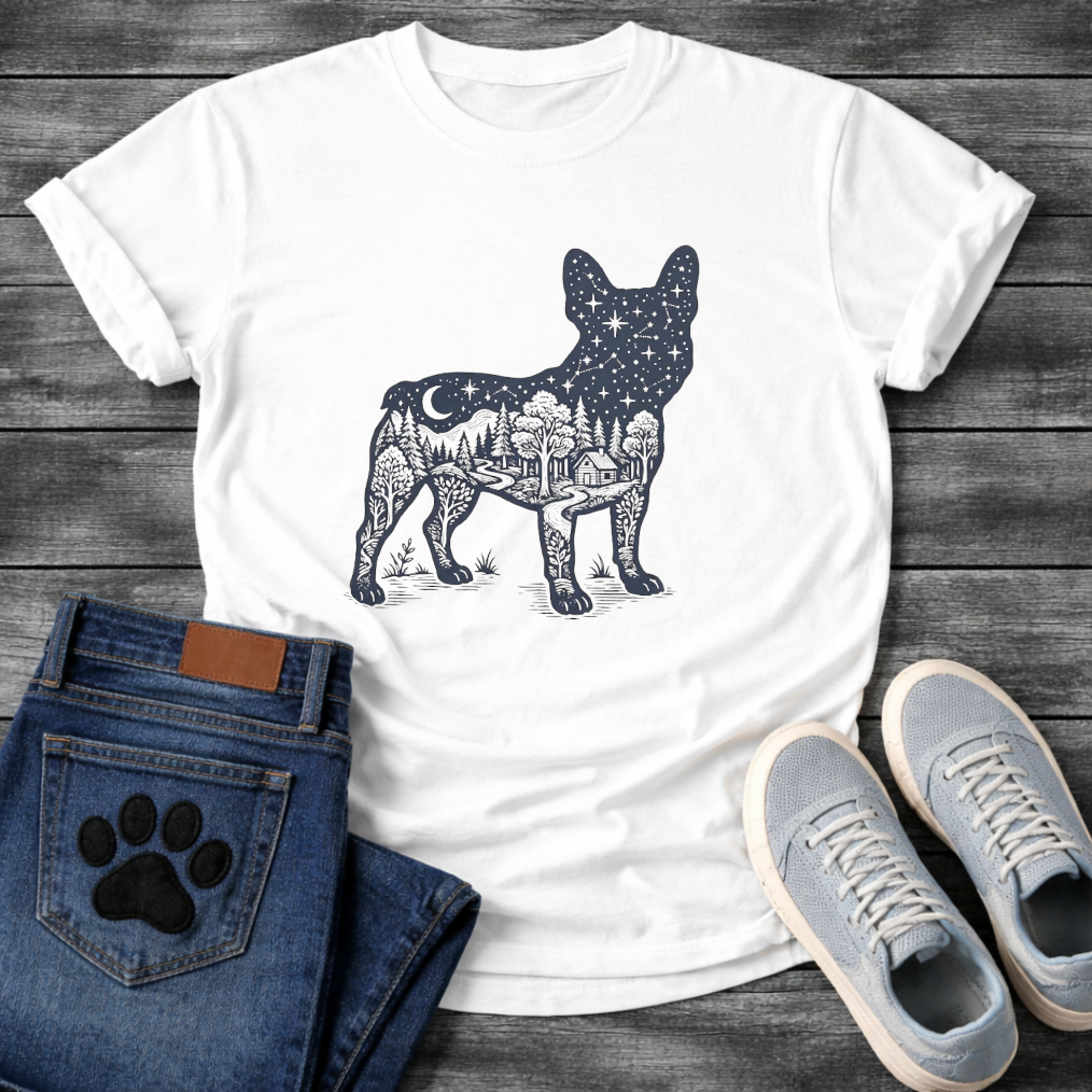 Frenchie double exposure night sky forest cabin silhouette t-shirt sage pet lover apparel

