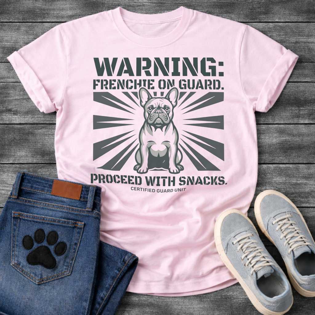 French Bulldog with sunburst background Warning Frenchie On Guard Proceed With Snacks Certified Guard Unit military stencil graphic tee