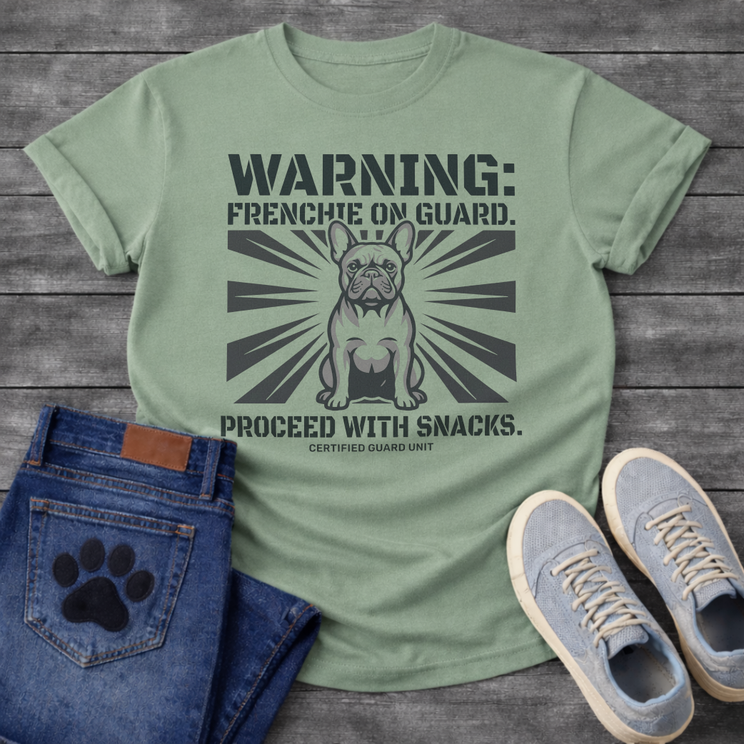 French Bulldog with sunburst background Warning Frenchie On Guard Proceed With Snacks Certified Guard Unit military stencil graphic tee