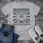 French Bulldog with sunburst background Warning Frenchie On Guard Proceed With Snacks Certified Guard Unit military stencil graphic tee