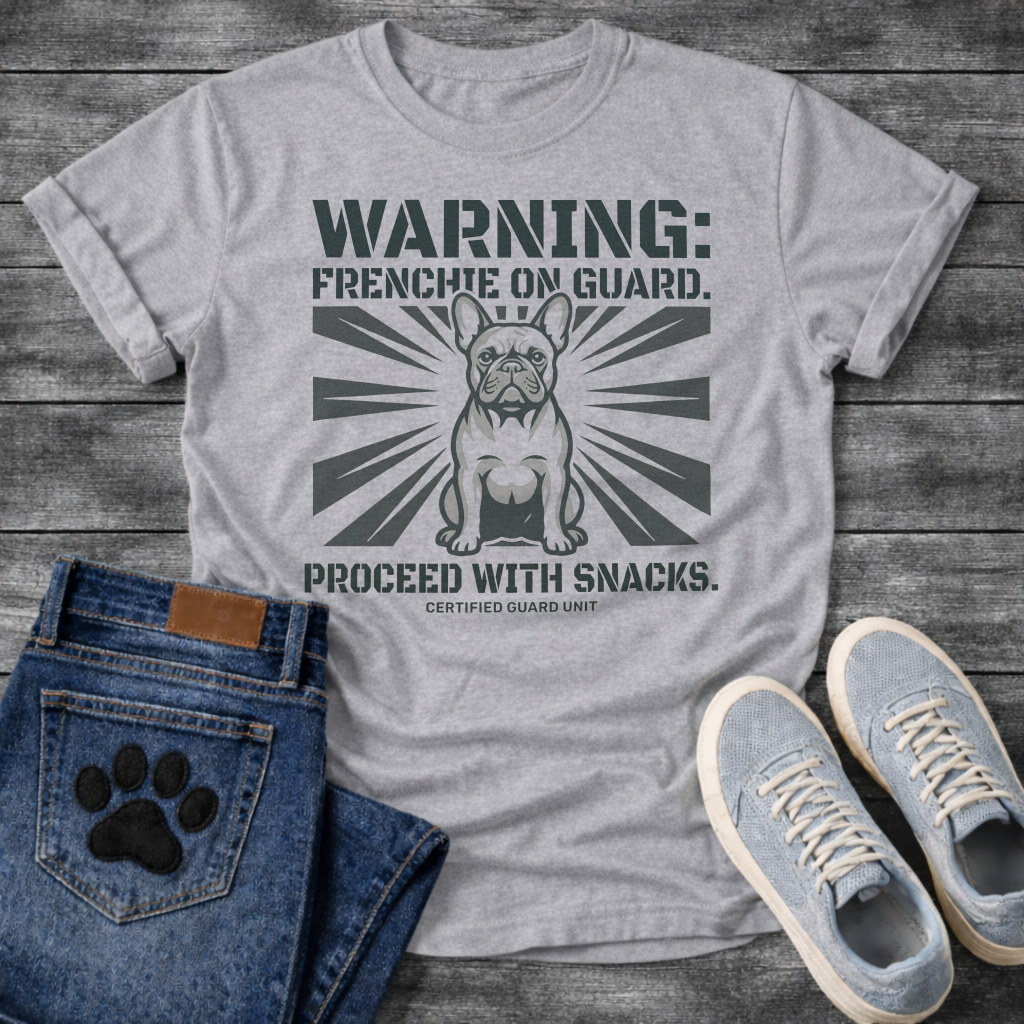 French Bulldog with sunburst background Warning Frenchie On Guard Proceed With Snacks Certified Guard Unit military stencil graphic tee