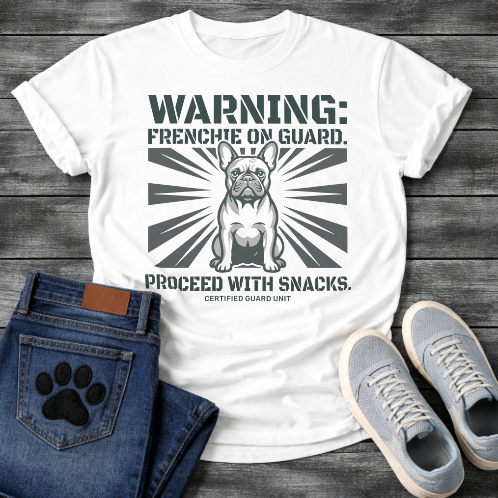 French Bulldog with sunburst background Warning Frenchie On Guard Proceed With Snacks Certified Guard Unit military stencil graphic tee