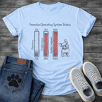 Frenchie Operating System Status bar chart graphic tee showing obedience 10 percent stubbornness 95 percent audible judgment 100 percent
