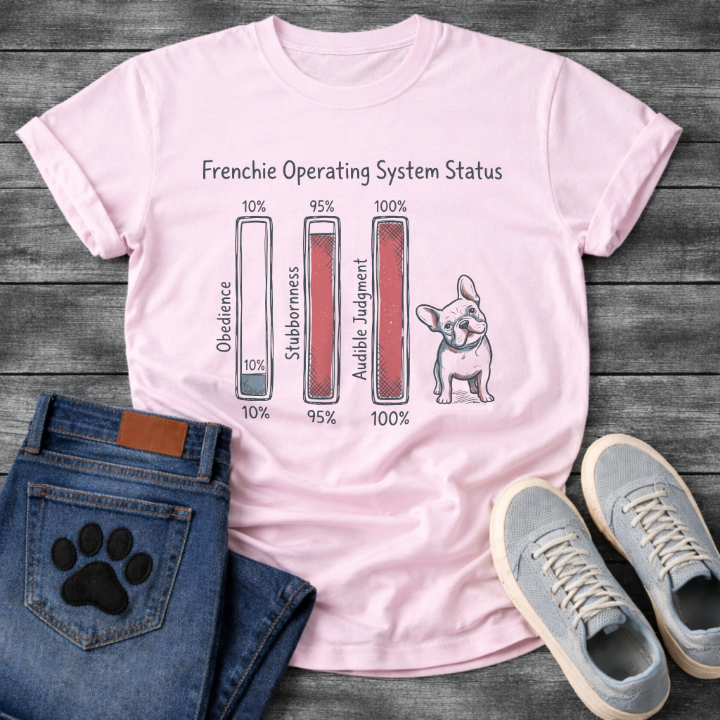 Frenchie Operating System Status bar chart graphic tee showing obedience 10 percent stubbornness 95 percent audible judgment 100 percent
