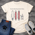Frenchie Operating System Status bar chart graphic tee showing obedience 10 percent stubbornness 95 percent audible judgment 100 percent
