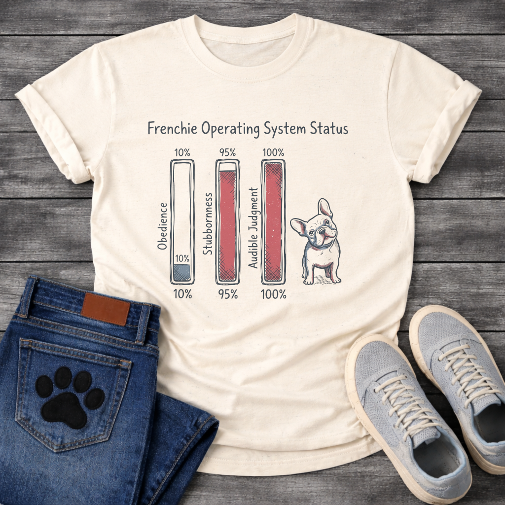 Frenchie Operating System Status bar chart graphic tee showing obedience 10 percent stubbornness 95 percent audible judgment 100 percent
