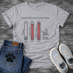 Frenchie Operating System Status bar chart graphic tee showing obedience 10 percent stubbornness 95 percent audible judgment 100 percent
