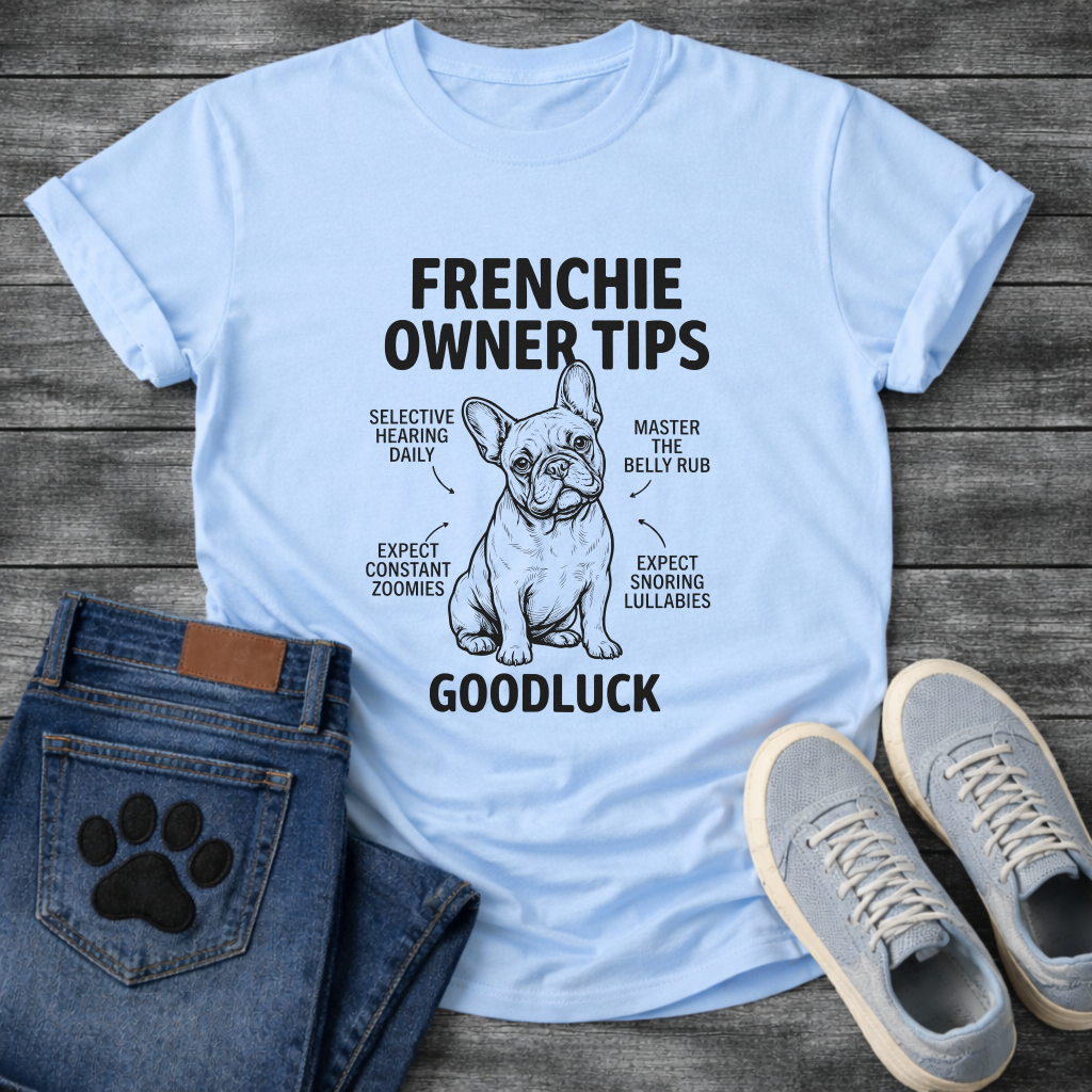 Frenchie Owner Tips infographic graphic tee with French Bulldog illustration and funny tips including selective hearing zoomies and snoring lullabies
