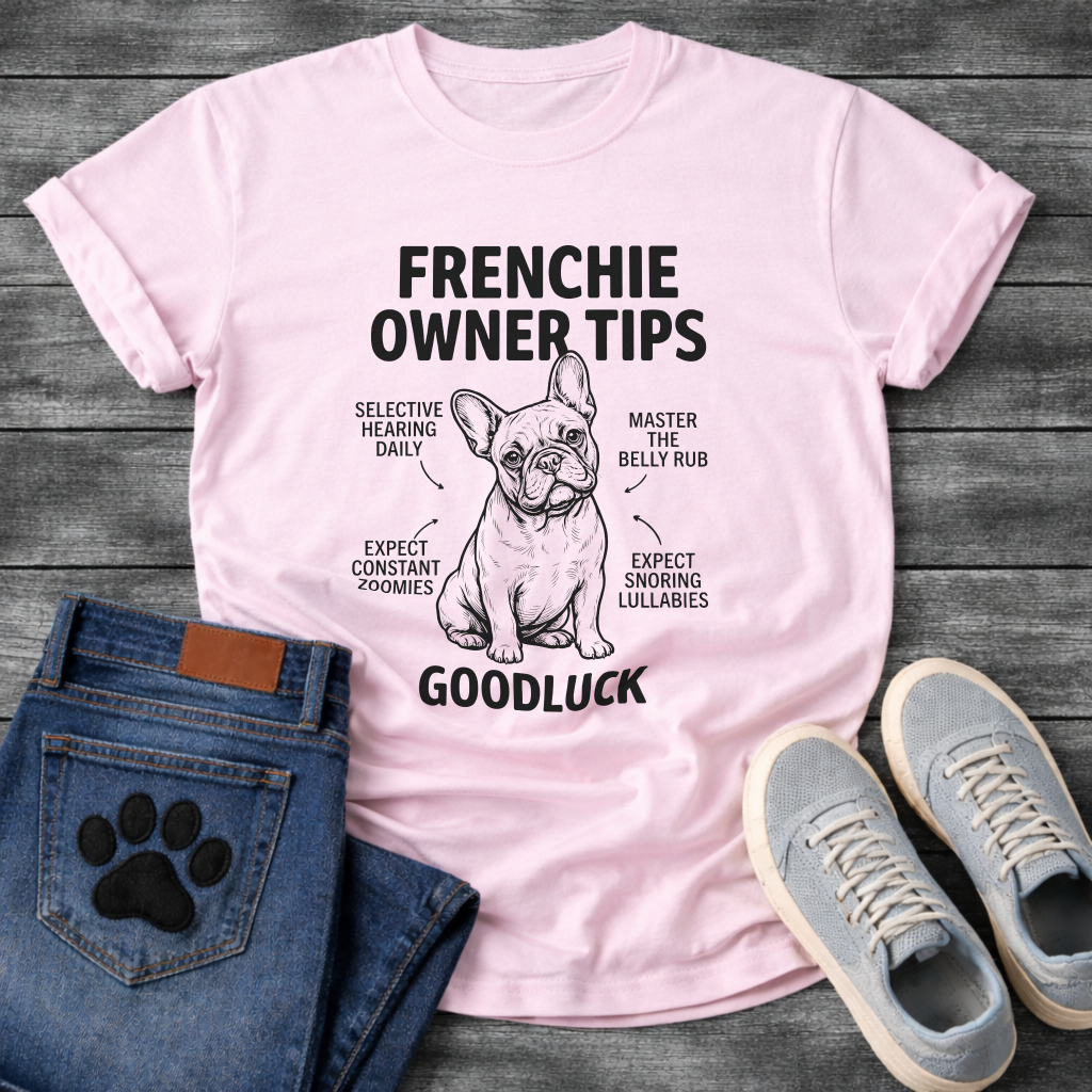 Frenchie Owner Tips infographic graphic tee with French Bulldog illustration and funny tips including selective hearing zoomies and snoring lullabies
