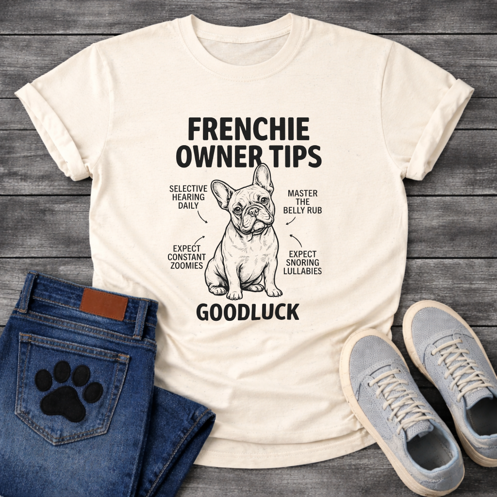 Frenchie Owner Tips infographic graphic tee with French Bulldog illustration and funny tips including selective hearing zoomies and snoring lullabies
