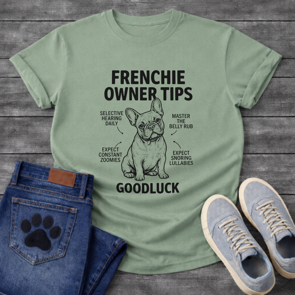 Frenchie Owner Tips infographic graphic tee with French Bulldog illustration and funny tips including selective hearing zoomies and snoring lullabies
