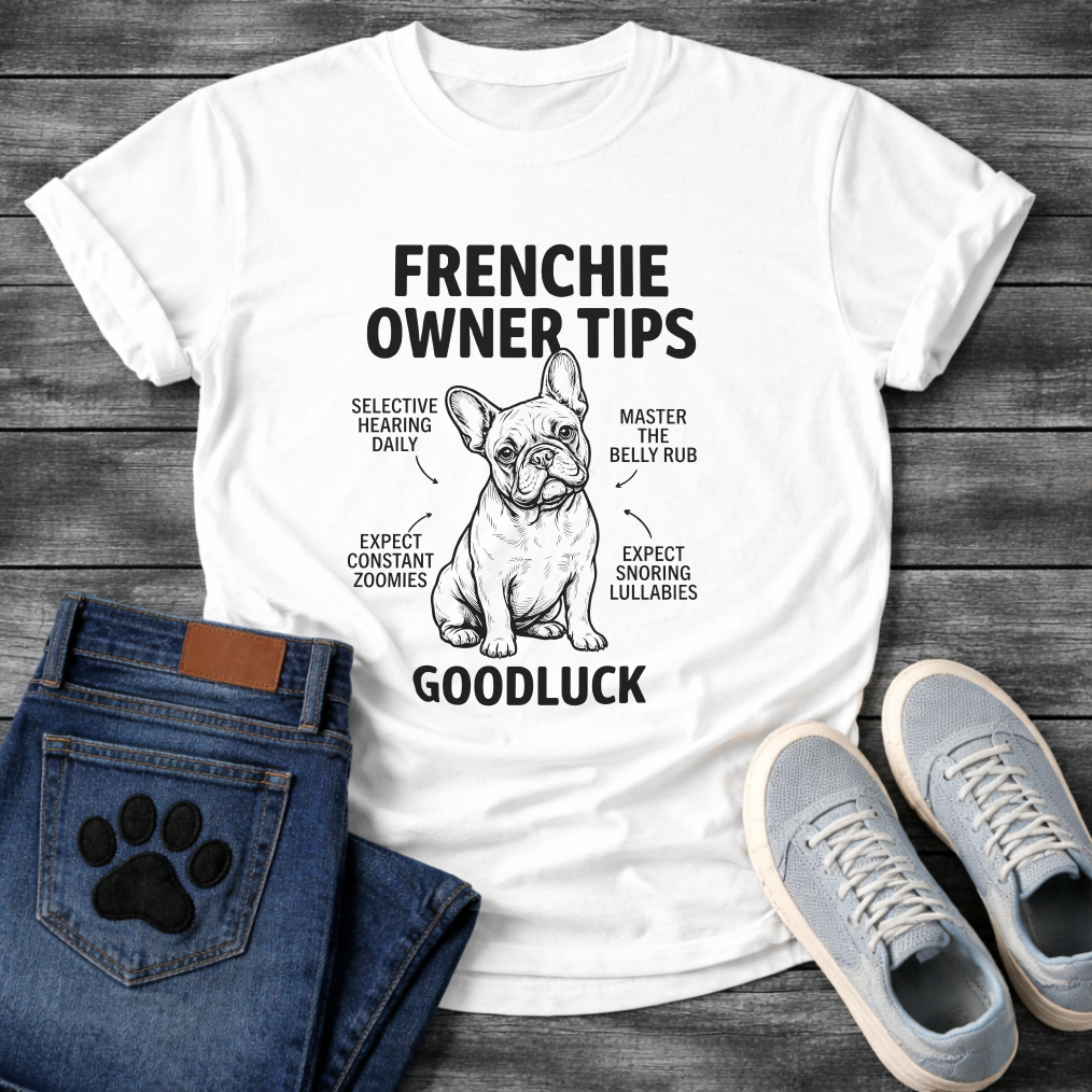 Frenchie Owner Tips infographic graphic tee with French Bulldog illustration and funny tips including selective hearing zoomies and snoring lullabies
