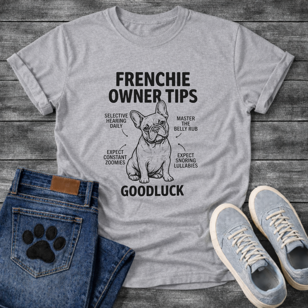 Frenchie Owner Tips infographic graphic tee with French Bulldog illustration and funny tips including selective hearing zoomies and snoring lullabies
