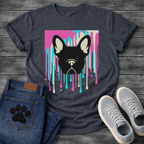 French Bulldog t-shirt with bold black Frenchie face portrait over a paint drip explosion in hot pink cyan and cream, graphic street art pop art style, no text, high impact multi-color graphic