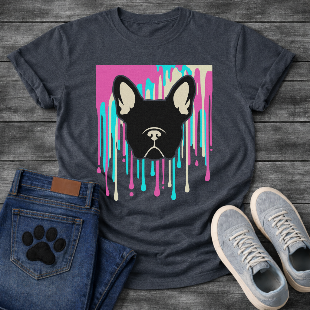 French Bulldog t-shirt with bold black Frenchie face portrait over a paint drip explosion in hot pink cyan and cream, graphic street art pop art style, no text, high impact multi-color graphic
