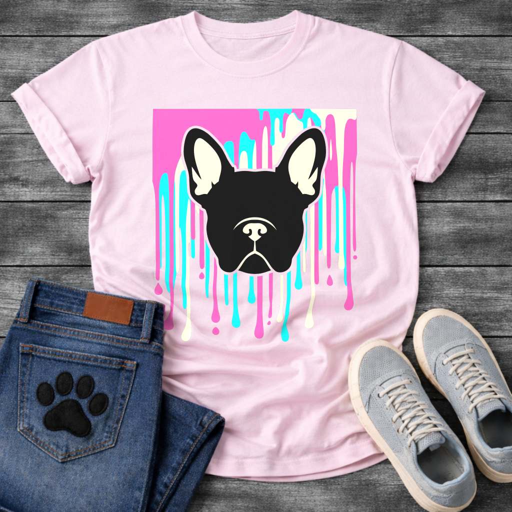 French Bulldog t-shirt with bold black Frenchie face portrait over a paint drip explosion in hot pink cyan and cream, graphic street art pop art style, no text, high impact multi-color graphic